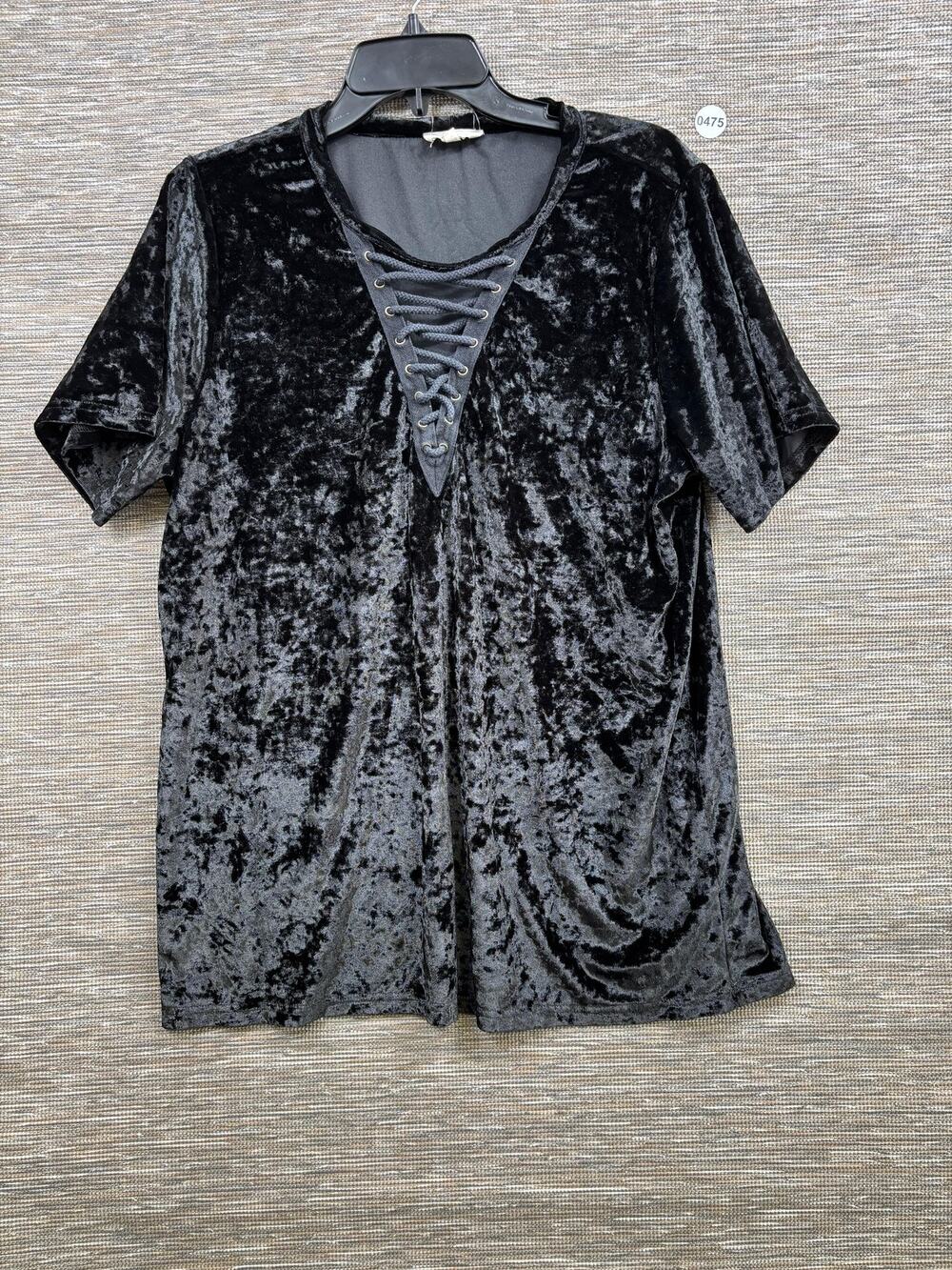 Entro Blouse Womens XL Black Velvet Lace Up V Neck Short Sleeve Tunic Top